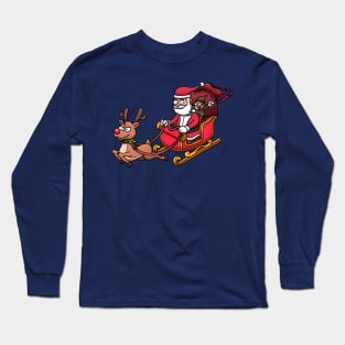 Cartoon Santa Claus And Elf Riding Sleigh With Reindeer Long Sleeve T-Shirt